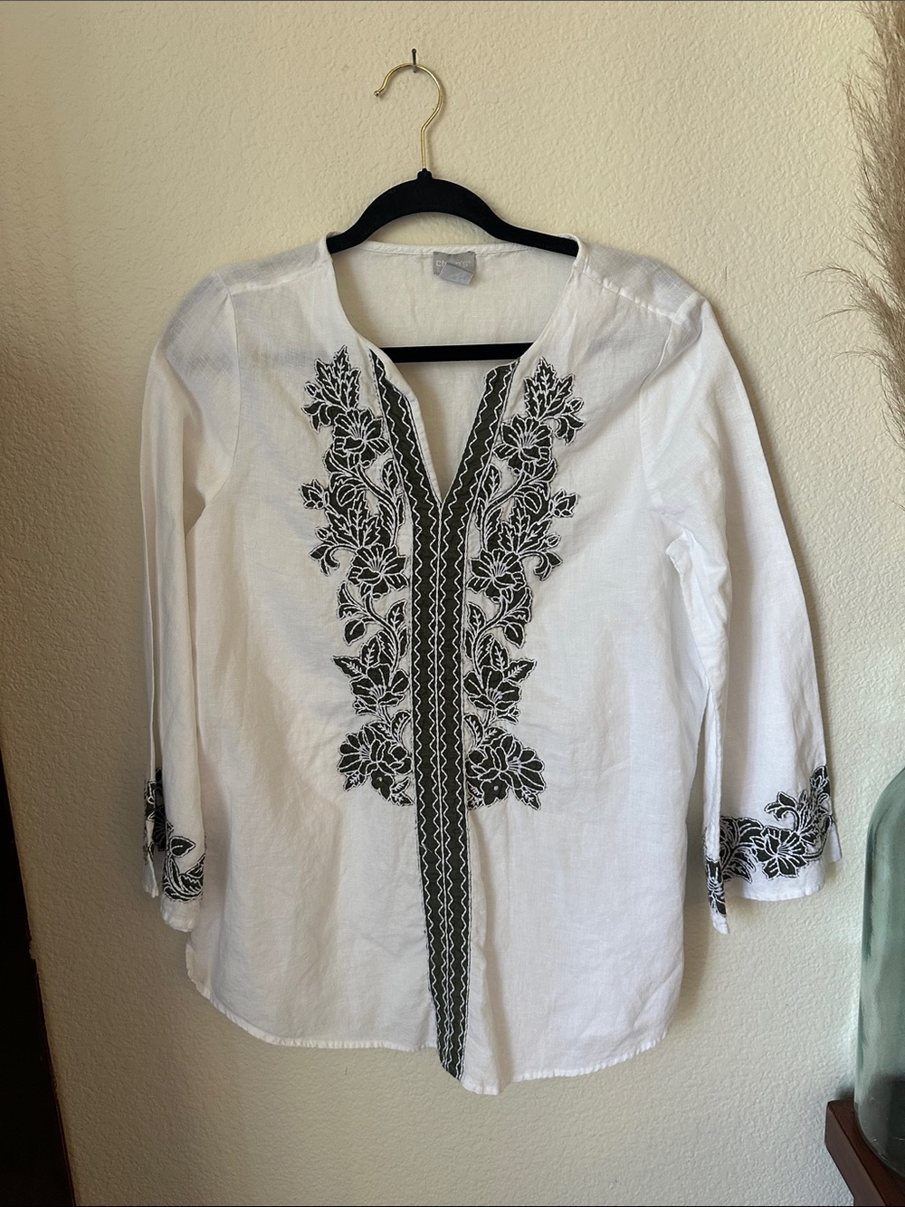 Chico's White Tunic with Black Floral Embroidery